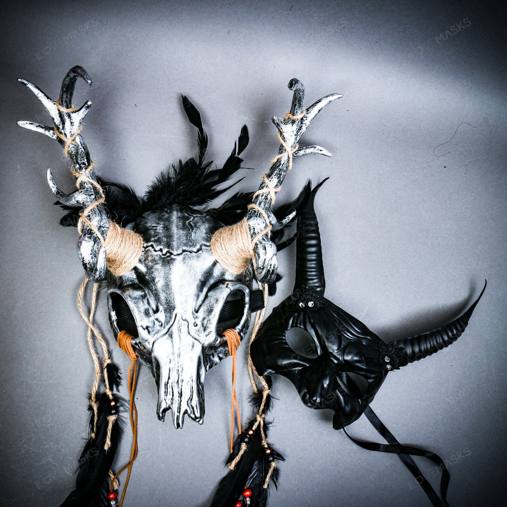 Animal Deer Horns Devil Masquerade Party Mask w/ Women Long Demon Mask